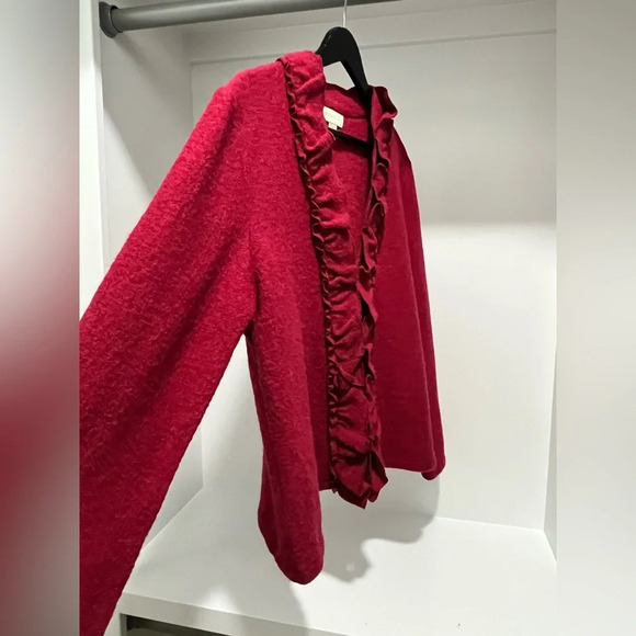 Appleseeds’s boiled 100% wool burgundy red ruffle jacket sweater women’s Medium - Picture 3 of 8